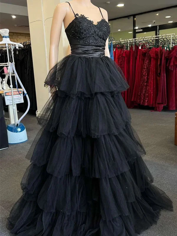 A-line Black Layers Tulle with Lace Straps Party Dress, Black Tulle Prom Dress Tunics Review highly