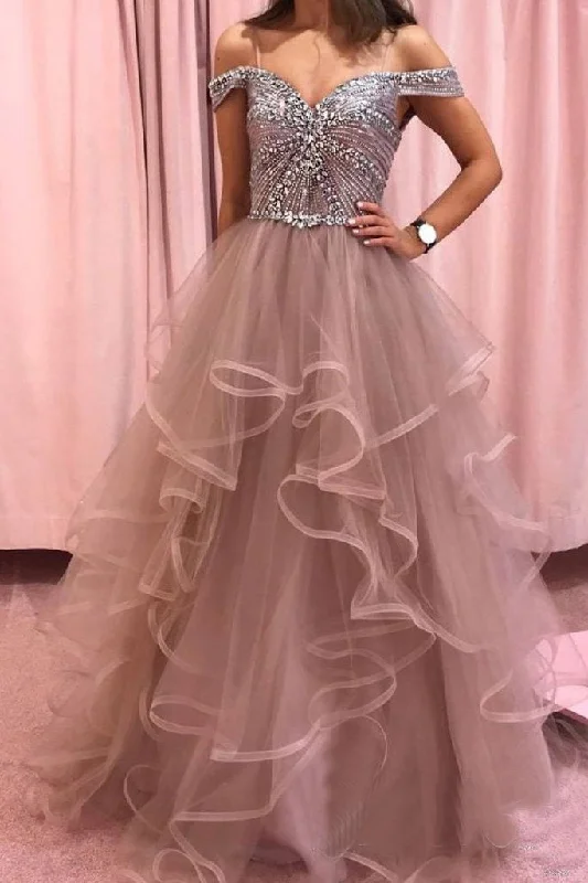 Rhinestones Layered Off the Shoulder Prom Dresses Rose Pink Tulle Party Dresses DMS12 Square Neckline Feminine