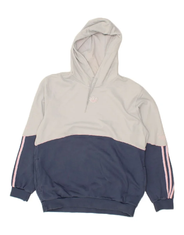 ADIDAS Womens Graphic Hoodie Jumper UK 18 XL Navy Blue Colourblock Cotton Hoodie Fleece Lining Warmth
