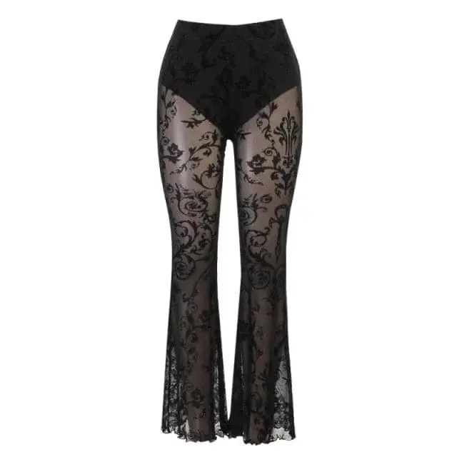 Goth Mesh Lace Hollow Out Flared Pants Trendy Printed Leggings