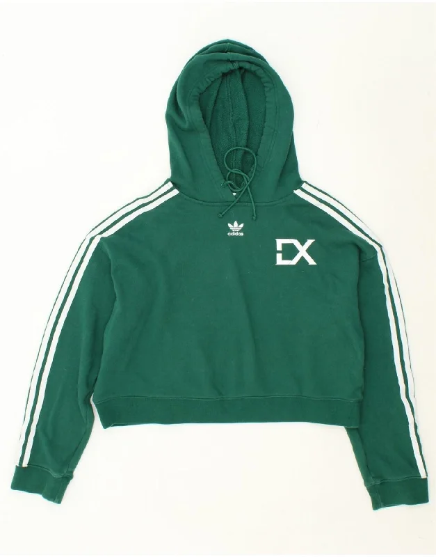 ADIDAS Womens Crop Graphic Hoodie Jumper UK 12 Medium Green Cotton Hoodie with Hem Raw Edge Edgy Unfinished