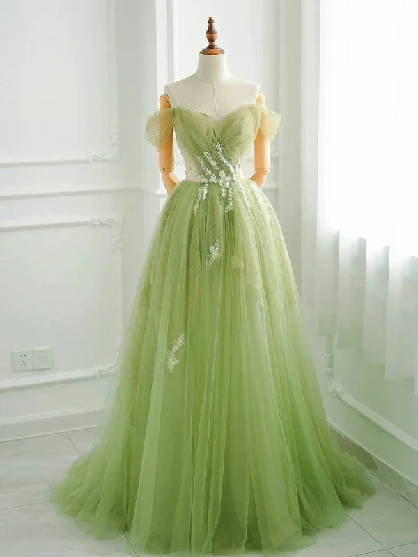 Light Green Off Shoulder Tulle A-line Prom Dress, Green Tulle Party Dress Tunics Luxurious premium
