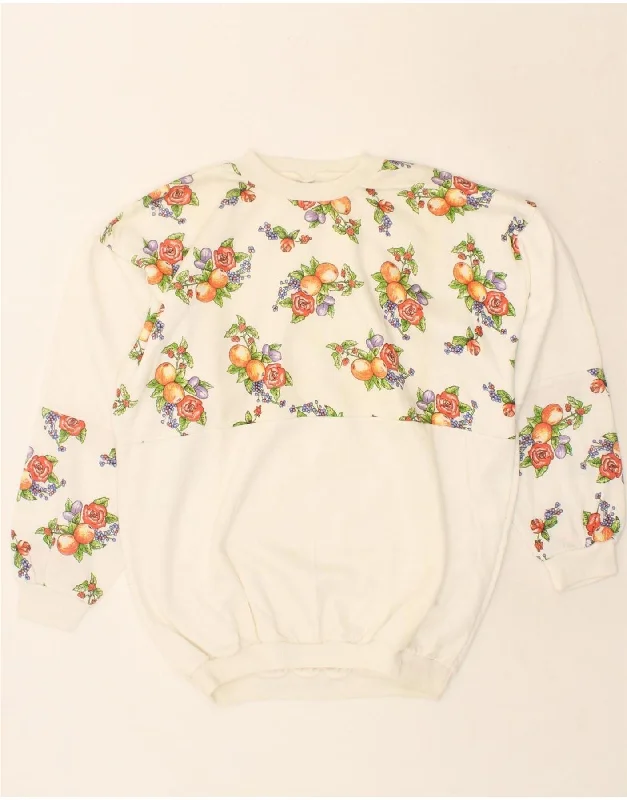 VINTAGE Womens Sweatshirt Jumper UK 16 Large Off White Floral Acrylic Hoodie with Rolled Sleeves Casual Relaxed