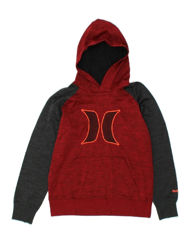 HURLEY Womens Graphic Hoodie Jumper UK 14 Large Maroon Colourblock Hoodie with Hem Patch Decorative Personalized