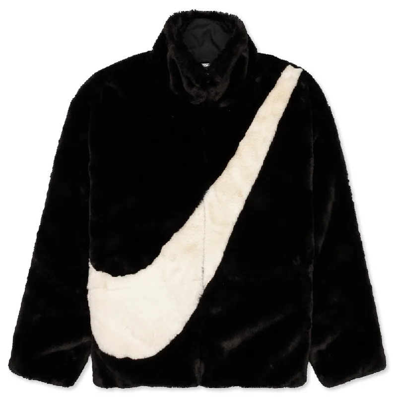 Women's Sportswear Faux Fur Jacket - Black/Fossil Stand-Up Collar Roll-Neck Collar Turtle Neck