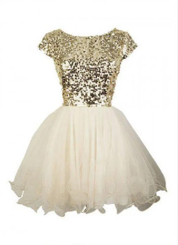 Gold sequin short sleeve Tulle homecoming prom dresses, cocktail dress, CM0012 Tunics Office stylish
