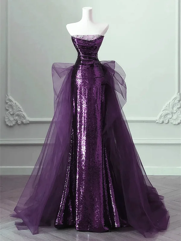 Purple A-line Sequins and Tulle Long Party Dress, Purple Beaded Formal Dress Tunics Fashionable trendy