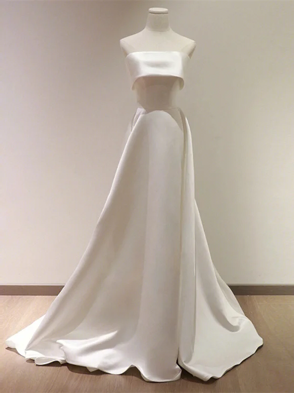 Chic Ivory Satin Scoop Long Wedding Party Dress, Ivory Satin Prom Dress Evening Dress Tunics Hiking breathable