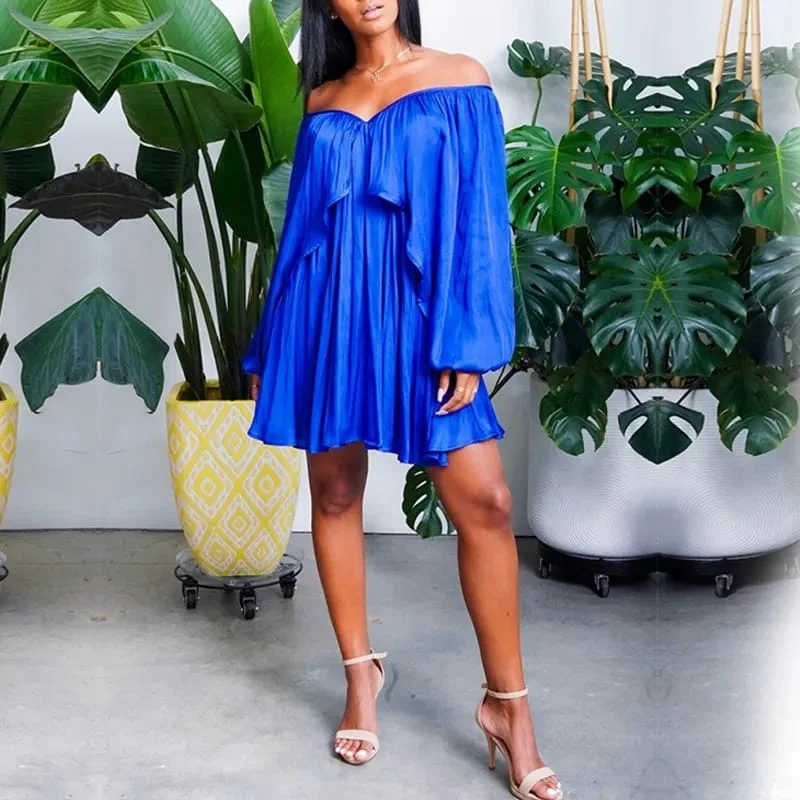 Casual Chiffon Women's Dress Summer Sexy Off Shoulder Elegant Dress Solid V Neck Lantern Sleeve Loose Elastic Party Dresses S4101559 Tunics Evening elegant