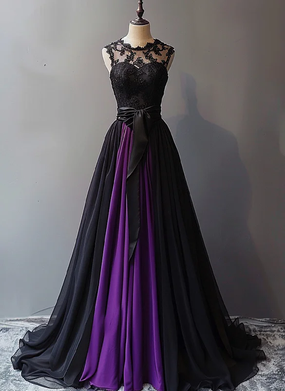 A-line Chiffon Black and Purple Round Neckline Party Dress, Chiffon Prom Dress Boat Neckline Classic