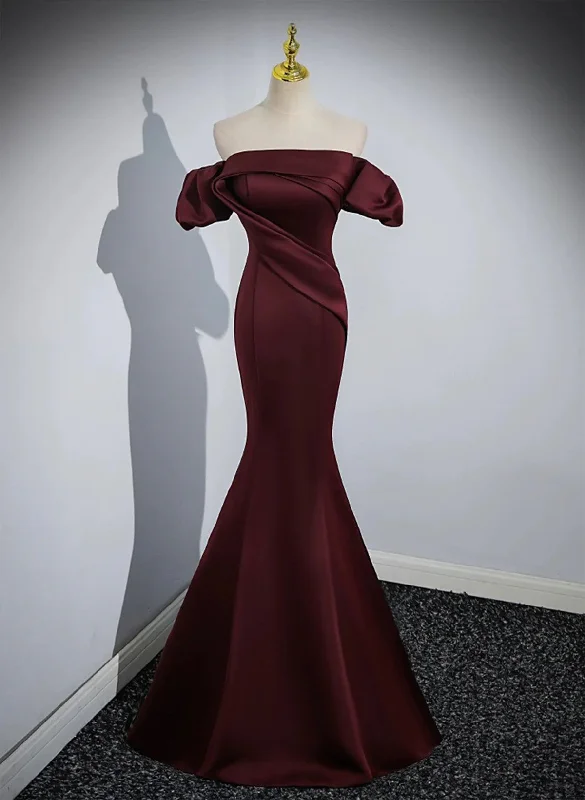 Charming Maroon Satin Mermaid Off Shoulder Prom Dress, Maroon Party Dress Tunics Bridal satin