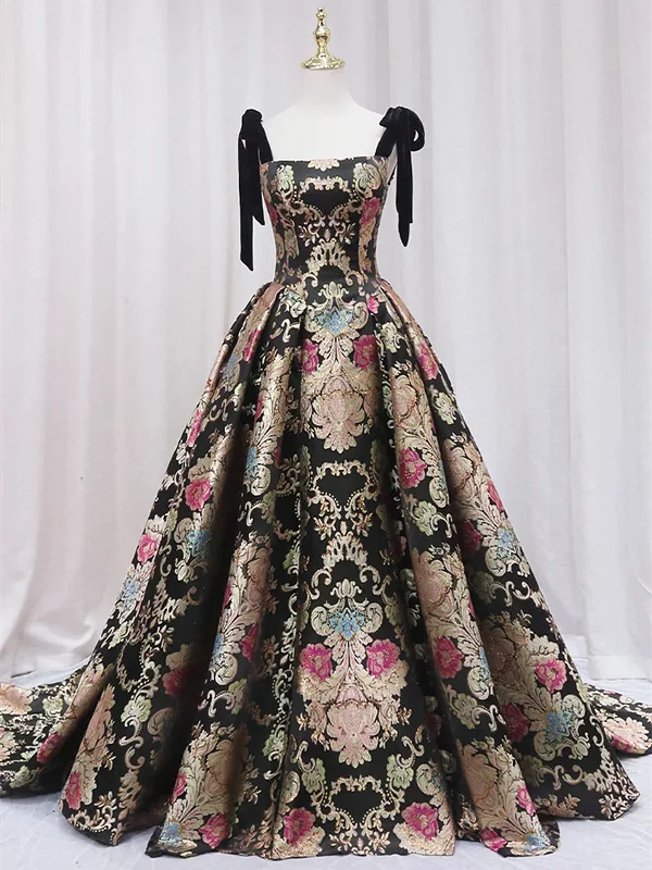 Black Straps Floral Satin Party Dress with Train, Black Satin Prom Dress Formal Dress Halter Neckline Beach