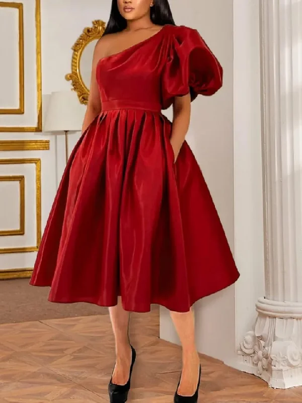 AOMEI Party Dress Women One Shoulder Red Midi Pleated Robes Short Lantern Sleeve Fit and Flare Elastic Summer Gowns S4618226 Tunics Hiking breathable