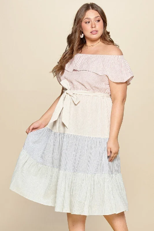 Tiered Off-shoulder Flounce Dress Featuring Stripe Details And Self Ties. Tunics Custom made