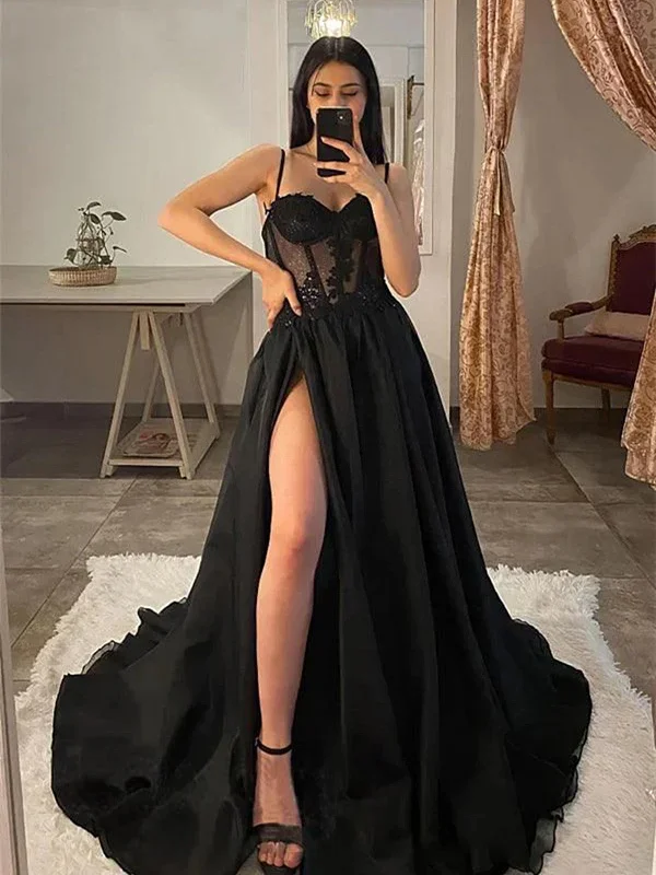 Black Tulle with Lace Straps Long Prom Dress with Leg Slit, Black Tulle Party Dress Tunics Cozy soft