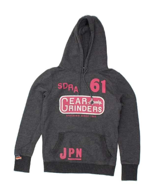 SUPERDRY Womens Graphic Hoodie Jumper UK 12 Medium Grey Hoodie with Color Block Contrast Stylish