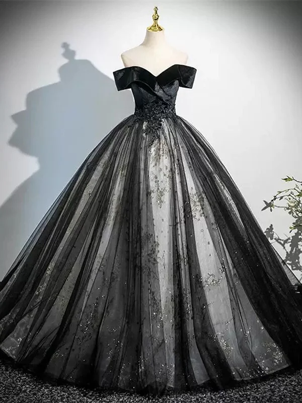 Black Ball Gown Tulle Off Shoulder Long Formal Dress, Black Sweetheart Party Dress Tunics Versatile functional