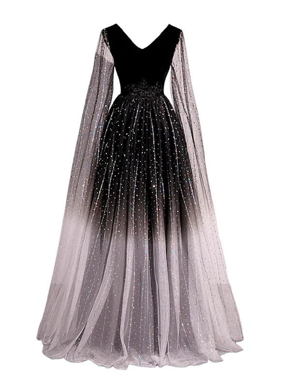 Black Gradient Tulle V-neckline Long Beaded Prom Dress, Black Party Dress Formal Dress Tunics Polka dots