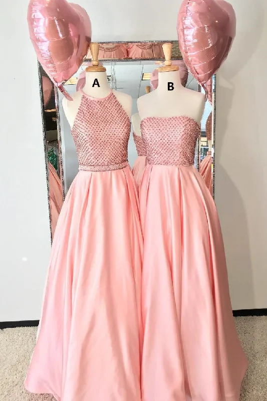 Gorgeous A-line Pink Satin Long Prom Party Dress DMK92 Tunics Long Elegant