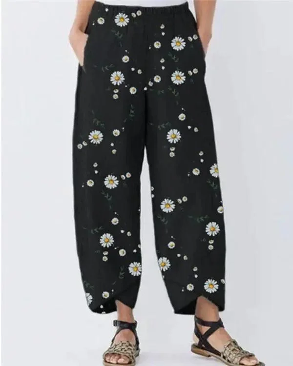Floral Printed  Loose Cotton and Linen Casual Pants Trendy High-Waist Trousers