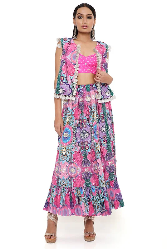 AMALIE PINK BANDHANI SILK EMBROIDERED BUSTIER WITH PRINTED CREPE EMBROIDERED JACKET AND SKIRT Plaid Jacket Tartan Jacket Houndstooth Jacket