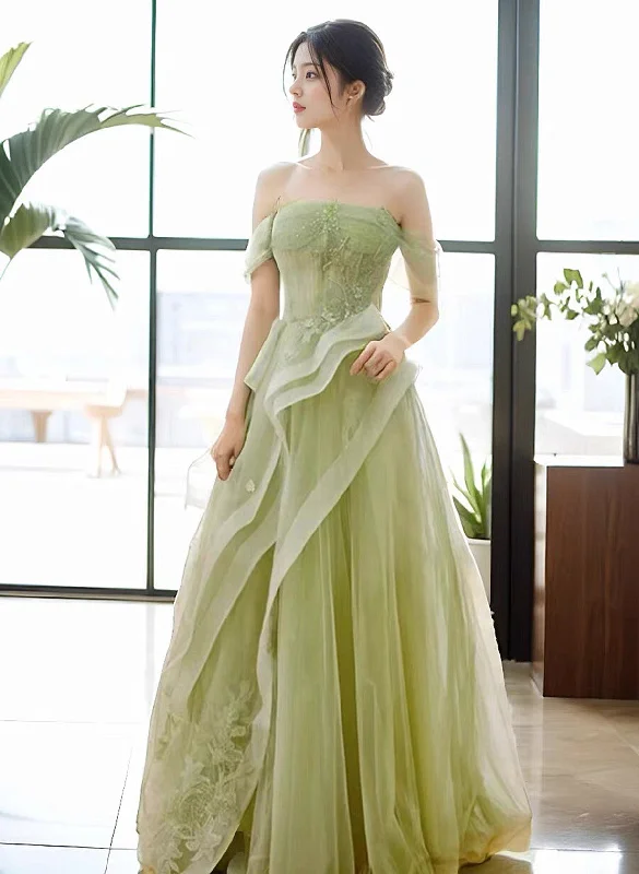 Green Off Shoulder Tulle with Lace A-line Prom Dress, Green Long Party Dress Tunics Evening elegant