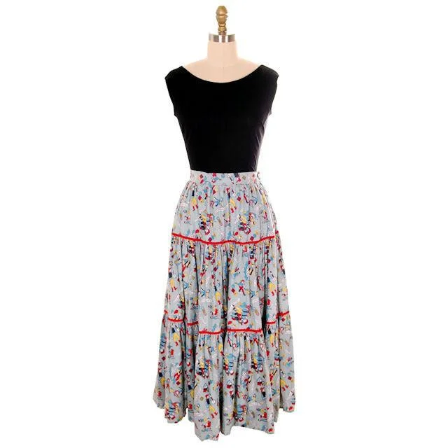 Vintage Cotton Skirt Square Dance Print 1940s Colorful & Fun! Small ribbed skirt waist