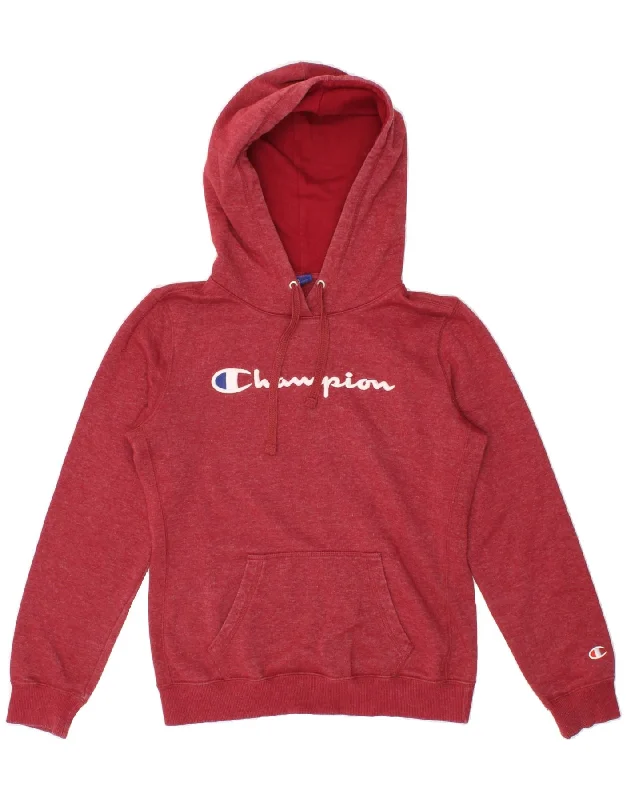 CHAMPION Womens Graphic Hoodie Jumper UK 14 Medium Burgundy Cotton Hoodie with Fur Luxurious Winter