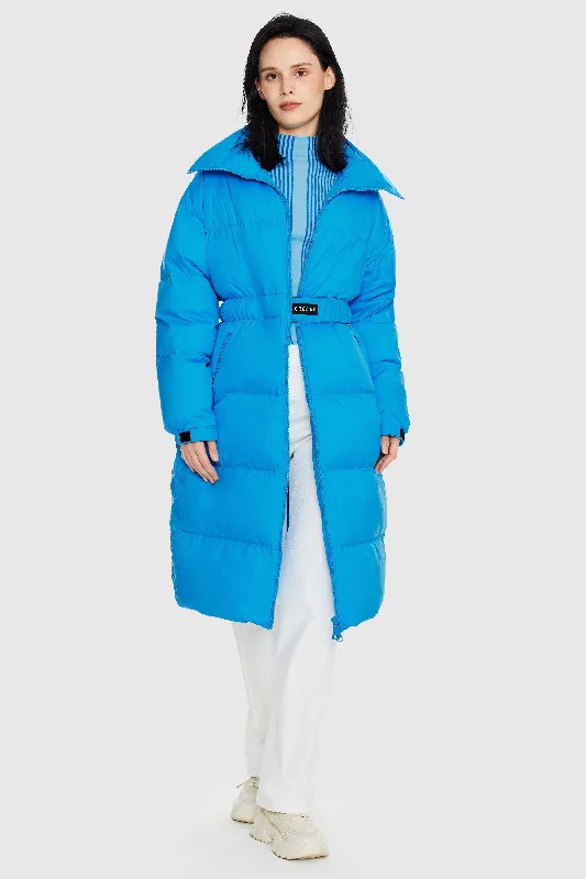 Long Puffer Jacket with Velcro Belt Zippered Front Buttoned Front Snap Front