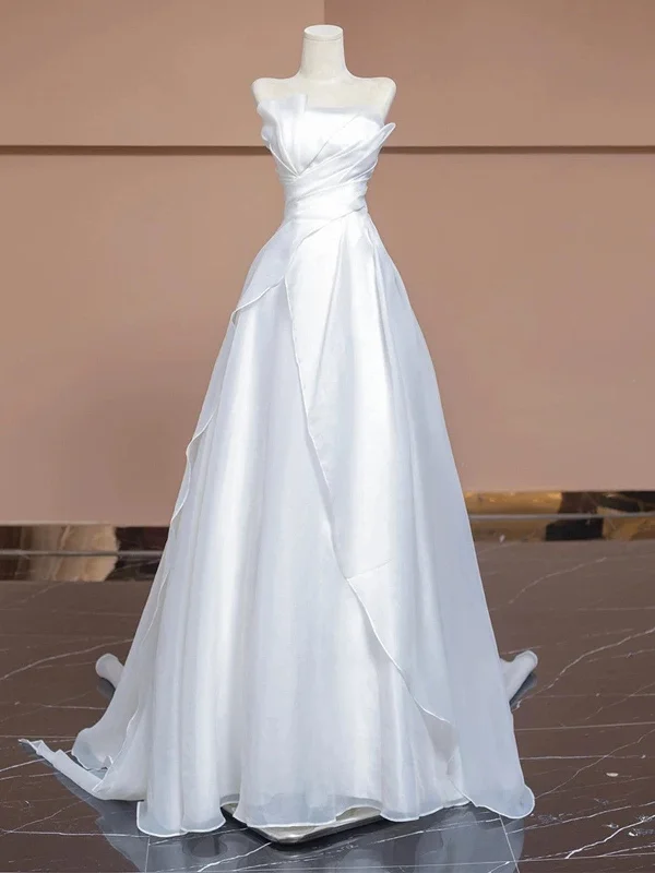 White A-line Strapless Long Wedding Party Dress, White Simple Formal Dress Tunics Mesh breathable