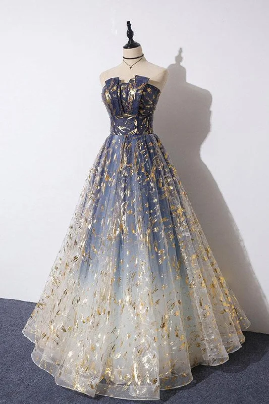Unique A Line Strapless Ombre Long Prom Dress Stunning Party Dresses DMS59 Pleated Skirt Elegant