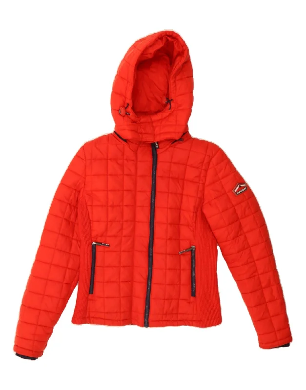 SUPERDRY Womens Hooded Padded Jacket UK 14 Large Red Polyester Nylon Fabric Polyester Fabric Spandex Fabric