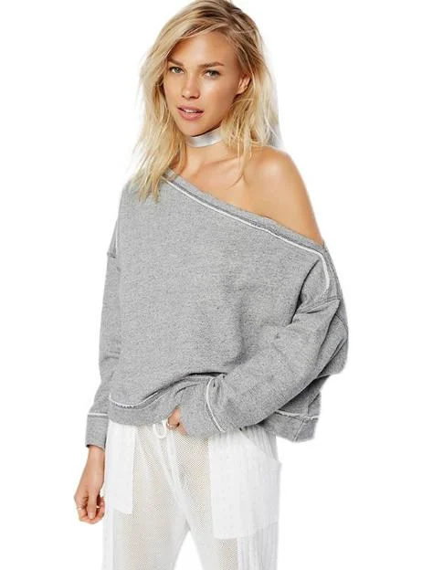 SOLID GRAY ONE SHOULDER RAW HEM RELAXED SWEATSHIRT Hoodie with Belted Waist Structured Tailored