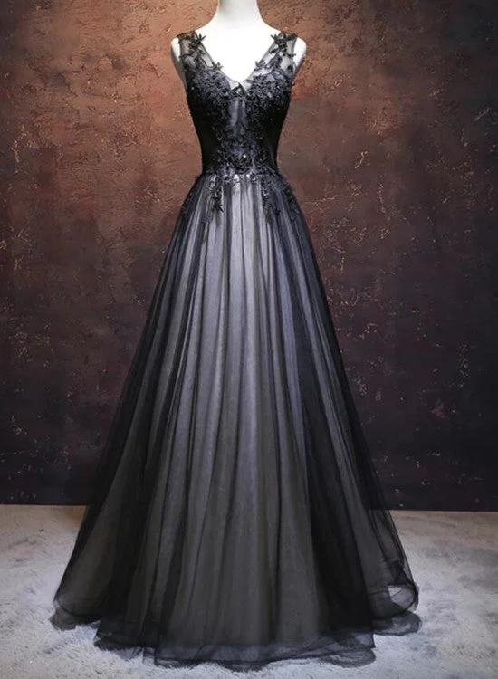 Black Prom Dress V-neckline Long , Black Party Dresses, Black Evening Dresses Tunics Designer luxury