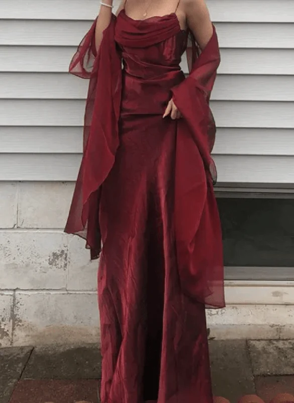 Wine Red Satin Straps A-line Long Party Dress, Beautiful Wine Red Prom Dress Tunics Velvet soft