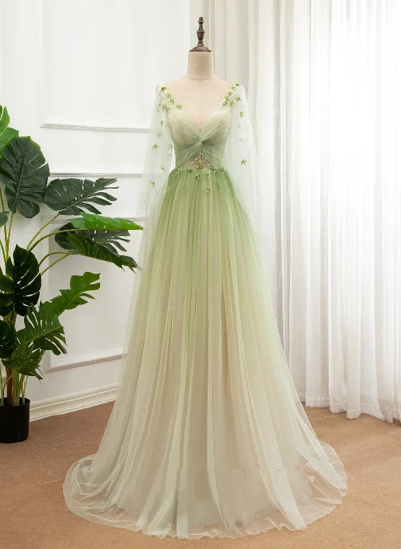 A-line Green Tulle Gradient Long Party Dress, Green Floor Length Formal Dress Tunics Fleece cozy