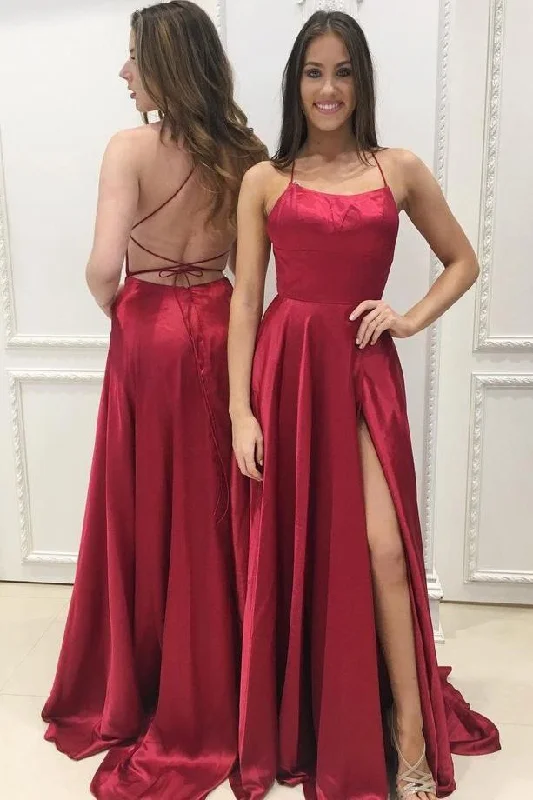 Burgundy Spaghetti Strap Prom Dress with Slit, Sexy Long Party Dresses DMJ86 Tunics Solid Classic