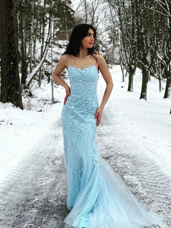 Light Blue Mermaid Cross Back Lace Long Party Dress, Light Blue Prom Dress Tunics Polka dots