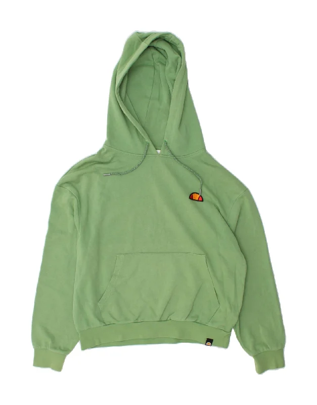 ELLESSE Womens Oversized Graphic Hoodie Jumper UK 10 Small Green Cotton Hoodie with Hem Frayed Vintage Worn