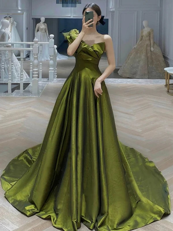 Dark Green One Shoulder Satin Floor Length Party Dress, Dark Green Prom Dress Tunics Top Casual