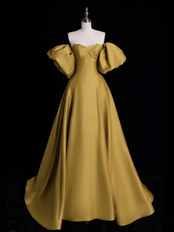 Gold Satin A-line Lace-up Long Party Dress with Sleeves, Gold Satin Prom Dress Glittery Long Formal
