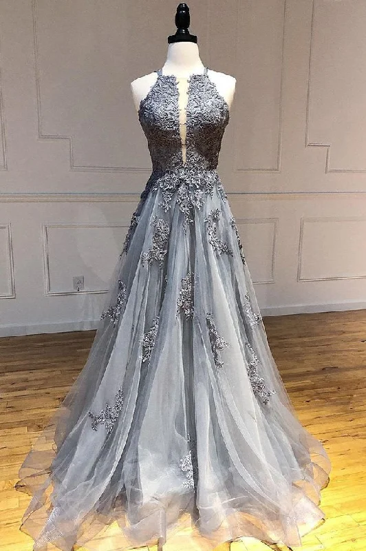 A-line Spaghetti Straps Lace Appliques Grey Tulle Long Prom Dresses Party Dresses DMR70 Tunics Mesh breathable