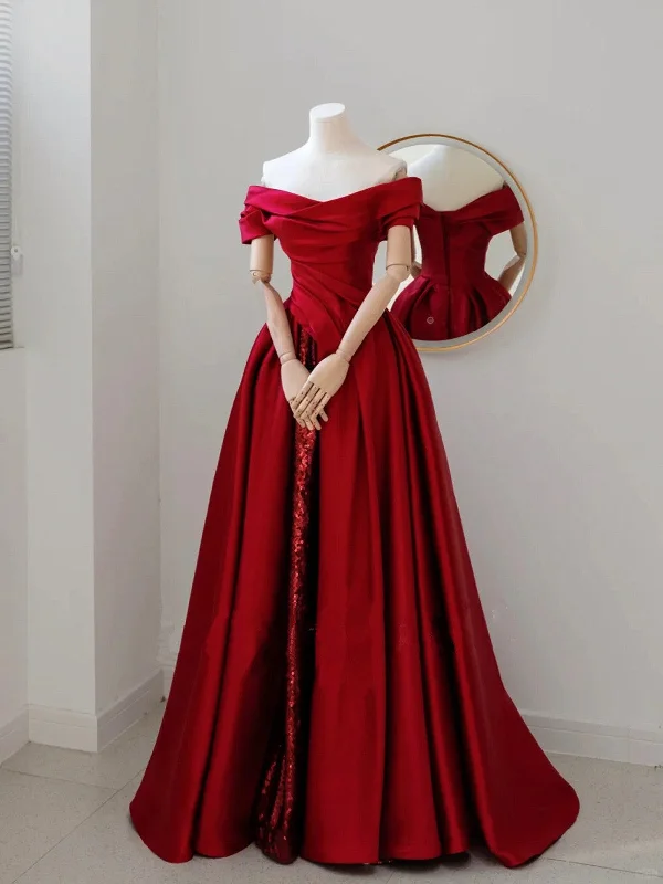 Wine Red Satin and Sequins Off Shoulder Party Dress, Red Satin Long Prom Dress Tunics Solid Classic