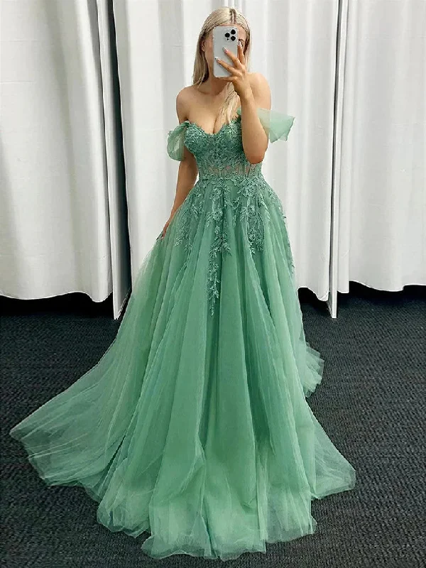 Green Off Shoulder Tulle Prom Dress with Lace Applique, Green Sweetheart Party Dress Off-the-shoulder Chic Trendy