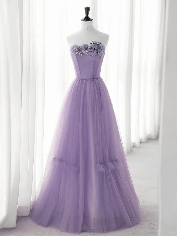 Cute Purple Tulle A-line Long Prom Dress with Flowers, Purple Tulle Party Dress Tunics Bestseller popular