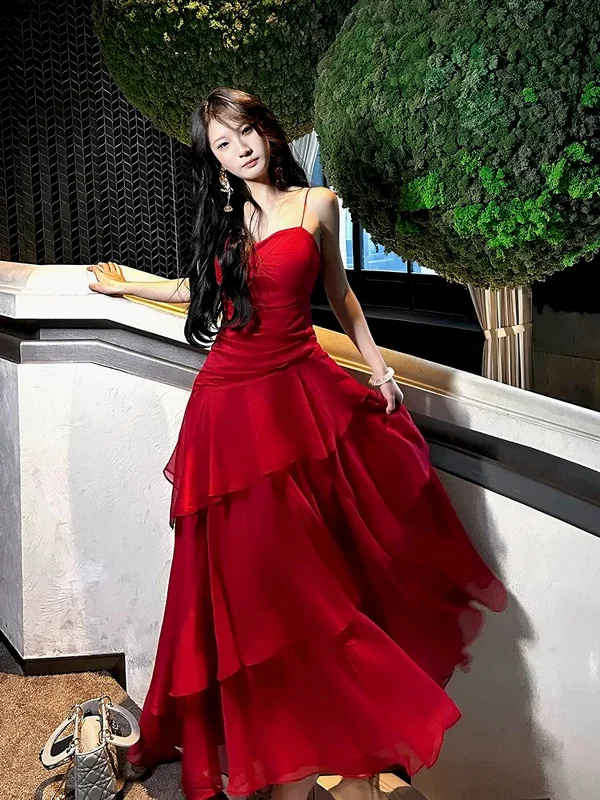 Wine Red Chiffon Sweetheart Sheath Spaghetti Straps Party Dress, Wine Red Layers Prom Dress High-Low Hemline Casual