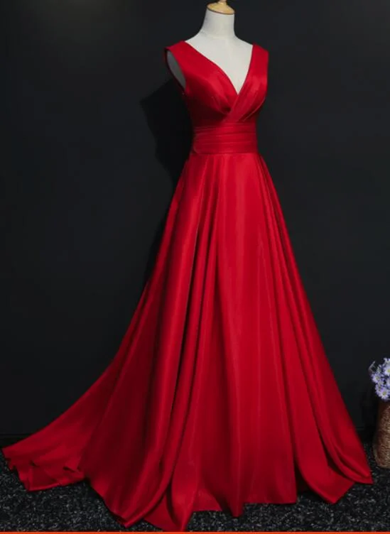 Red V-neckline Floor Length Satin Junior Prom Dresses, Red Party Dresses, Pretty Party Dresses Tunics Cozy soft