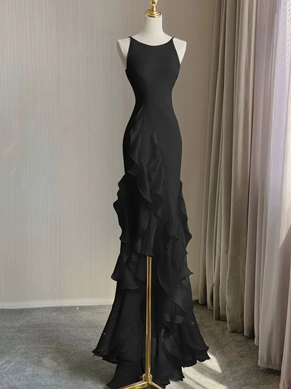 Black Round Neckline Low Back High Low Party Dress, Black Halter Prom Dress Tunics Wedding white