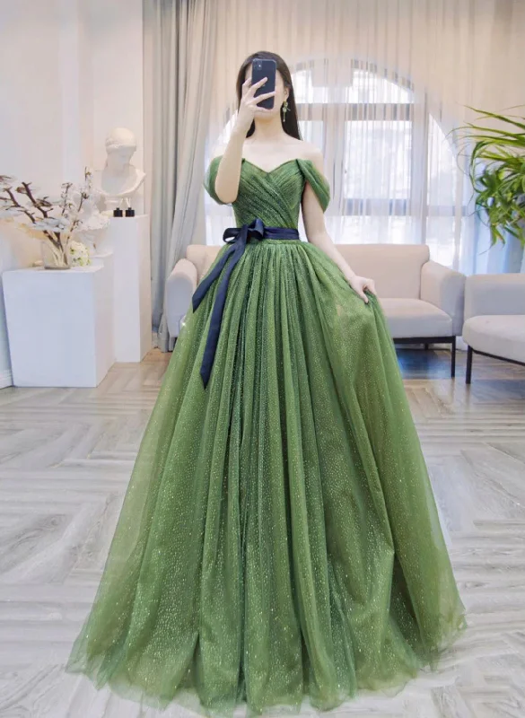 Green A-line Shiny Tulle Off Shoulder Party Dress, Green Tulle Prom Dress Tunics stripes playful