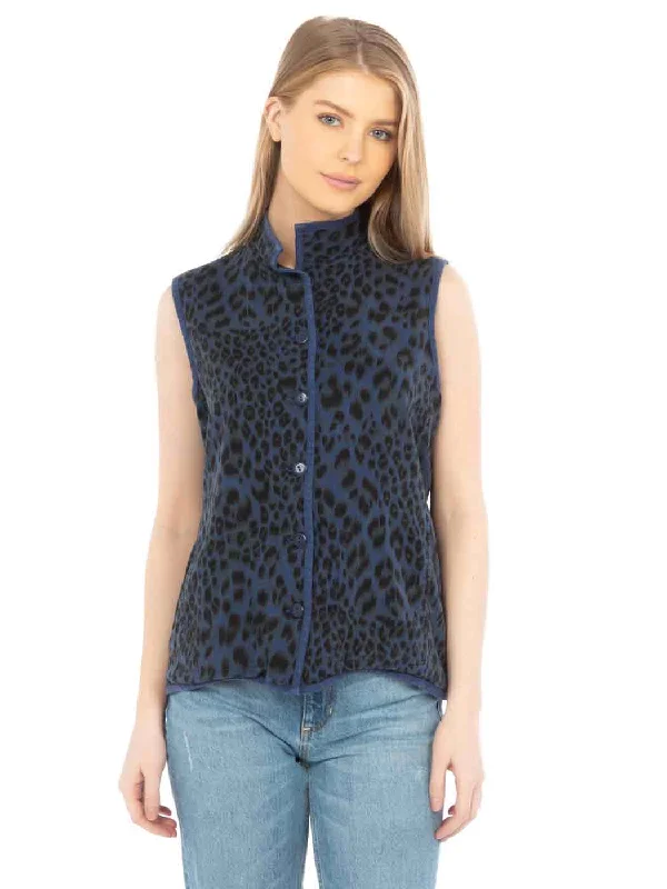 Tianello "Cheetah" Print TENCEL™  Sleeveless "Oxford" Vest Jacket Lined, & Side Pockets Zip Front Button Front Snap Front